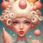 Surreal portrait of child-like face with eye-centric motif and pastel colors