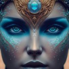 Intricate futuristic mask with golden and blue patterns on humanoid face