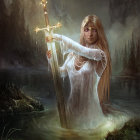 Mystical warrior woman in white dress with spear in dark battlefield