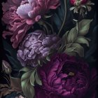 Deep purple peonies and buds on dark background