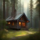 Snowy Forest Cabin with Warm Light and Chimney Smoke