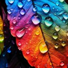 Colorful Leaf with Water Droplets in Blue to Red Spectrum