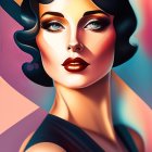 Digital portrait of woman with 1930s-inspired hair and makeup on pink geometric backdrop