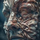 Surreal portrait featuring honeycomb structures, viscous liquid, and deep blue eyes