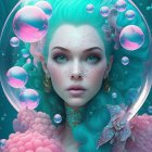 Surreal portrait: Woman with blue hair and intricate facial patterns surrounded by bubbles on teal backdrop