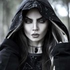 Portrait of Woman in Hooded Cloak with Striking Eyes on Blurred Background