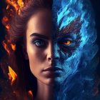 Surreal digital art: Woman with closed eyes, cosmic elements, and luminescent blue cats