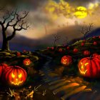 Spooky Halloween illustration with carved pumpkins, village, bats, and full moon