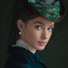 Vintage-inspired digital portrait of woman in turquoise attire and hat with braided hairstyle and floral details