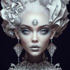 Digital portrait of a person with alabaster skin and crystal crown, adorned with intricate jewelry and serene