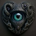 Detailed 3D Heart-Shaped Ornament with Metallic Patterns and Cat-Like Eye