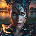 Detailed digital portrait of woman in feline armor with metallic finishes and blue accents on warm bokeh backdrop