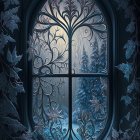 Gothic-style stained glass window with snowy twilight scene, trees, lantern, and snowflakes