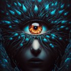 Surreal portrait with vivid eye in ornate headdress & blue feathers