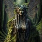 Woman in leafy headdress and greenery, mystical forest scene