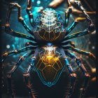 Colorful fantastical spider with multiple eyes on cosmic background