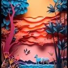 Colorful paper art: Sunset scene with elephant, tropical plants, and birds