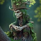 Forest elf with green foliage adornments and intricate tattoos in lush setting