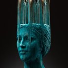 Teal-toned sculpture of person with intricate detailing and tree branch crown.