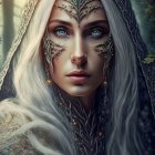 Elven character with blue eyes, white hair, gold-leaf tattoos in forest