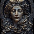 Intricate digital artwork of female figure with ornate metallic headdress