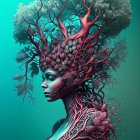 Surreal illustration: woman with tree hair, detailed branches, leaves, teal backdrop.