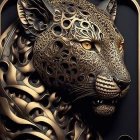 Stylized black leopard digital art with golden ornamental patterns