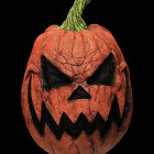 Menacing face carved pumpkin glowing in dark background