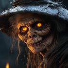 Person with glowing red eyes in dark ornate witch hat and creepy smile with black-stitch makeup