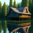 Wooden cabin with thatched roof reflected in forest lake at dusk or dawn