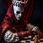 Stylized chess queen figure in red cloak holding chess piece on chessboard