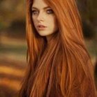 Portrait of woman with auburn hair, blue eyes, and floral adornments