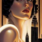 Sepia-Toned Illustration: Elegant 1930s-Style Woman with Skyscraper Back