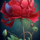 Colorful Illustration of Red Flower with Blue and White Flora on Dark Background