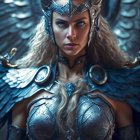 Female Warrior in Metallic Winged Armor and Horned Helmet on Dark Background