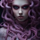 Digital artwork of woman with purple hair, green eyes, and silver head jewelry in fantasy theme