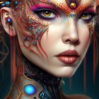 Detailed digital portrait of female figure in golden and blue fantasy headgear and armor with gemstones.