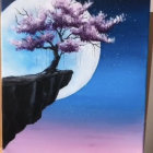 Pink tree on cliff under moonlit sky with pink flowers and stars.