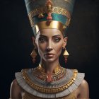 Digital portrait of a woman as ancient Egyptian queen with headdress, collar necklace, and earrings