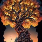 Majestic tree digital artwork with twisted trunk and orange foliage at dusk