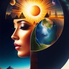 Surrealistic Woman's Profile Art with Cosmic and Terrestrial Elements