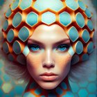 Digital artwork: Woman with golden headdress and teal accents, blue eyes, intricate facial patterns, matching