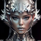 Futuristic digital artwork of a woman in metallic armor