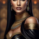 Dark-haired woman in gold crown and jewelry with dramatic makeup