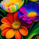 Colorful Digital Art: Vibrant Flowers in Orange, Yellow, Blue, and Green on Dark Background