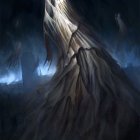 Mystical woman in peacock feathered attire in dark, misty backdrop