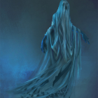 Ghostly Figure Descending Staircase in Blue Dress