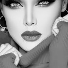 Monochrome portrait of woman with dramatic makeup, cap, gloves, posing hand near face