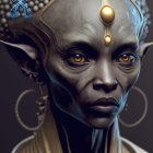 Detailed 3D digital art portrait of female alien with golden embellishments