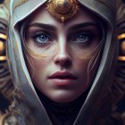 Detailed digital portrait of woman with blue eyes in ornate gold headdress